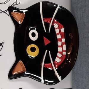 Whimsical Black Cat Face Plate Platter Candy Dish Serveware Halloween *AsIs